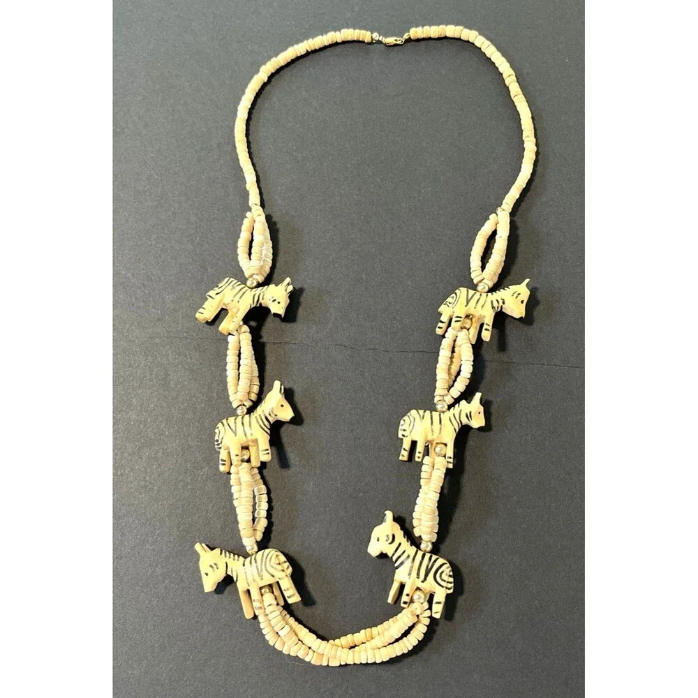 VTG Zebra Necklace Bovine Bone Hand-Carved Painted Safari Beaded Multi-Strand